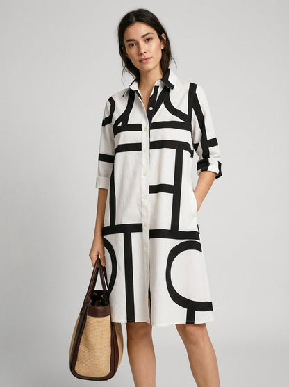 Momount Women Shirt Dress – Abstract Letter Print Button Down Midi