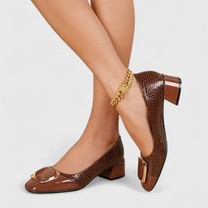 Ophelia | Gold Chain Crocodile Block Heel Loafers