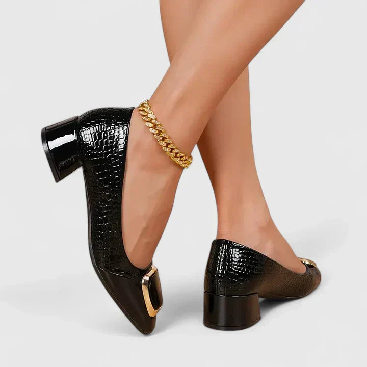 Ophelia | Gold Chain Crocodile Block Heel Loafers