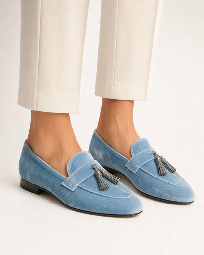 Genevra | Business Velvet Tassel Loafers — loafers-for-women-tassel-detail-slip-on-blue-01-worn-hero.webp