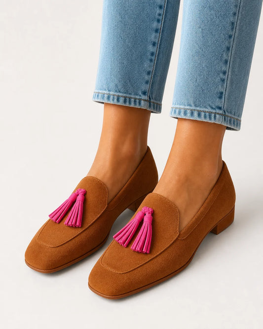 Ženske konjak mokasinke s ružičastim resama — slika proizvoda 1
