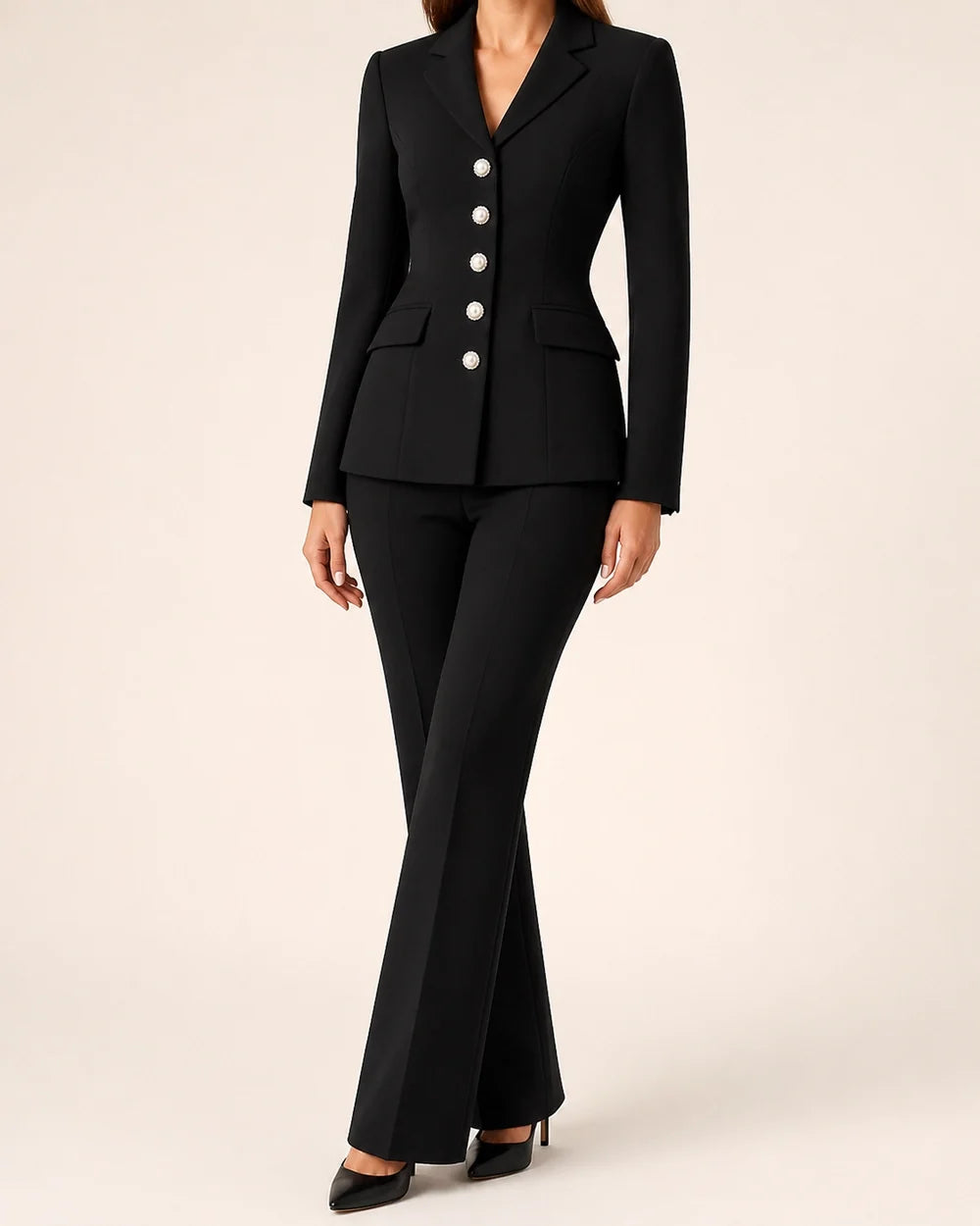 Black fitted five-button blazer and trousers set for women, worn hero view
