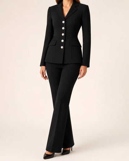 Black fitted five-button blazer and trousers set for women, worn hero view