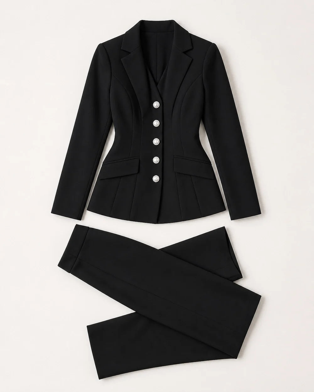 Black fitted five-button blazer and trousers set, flat lay