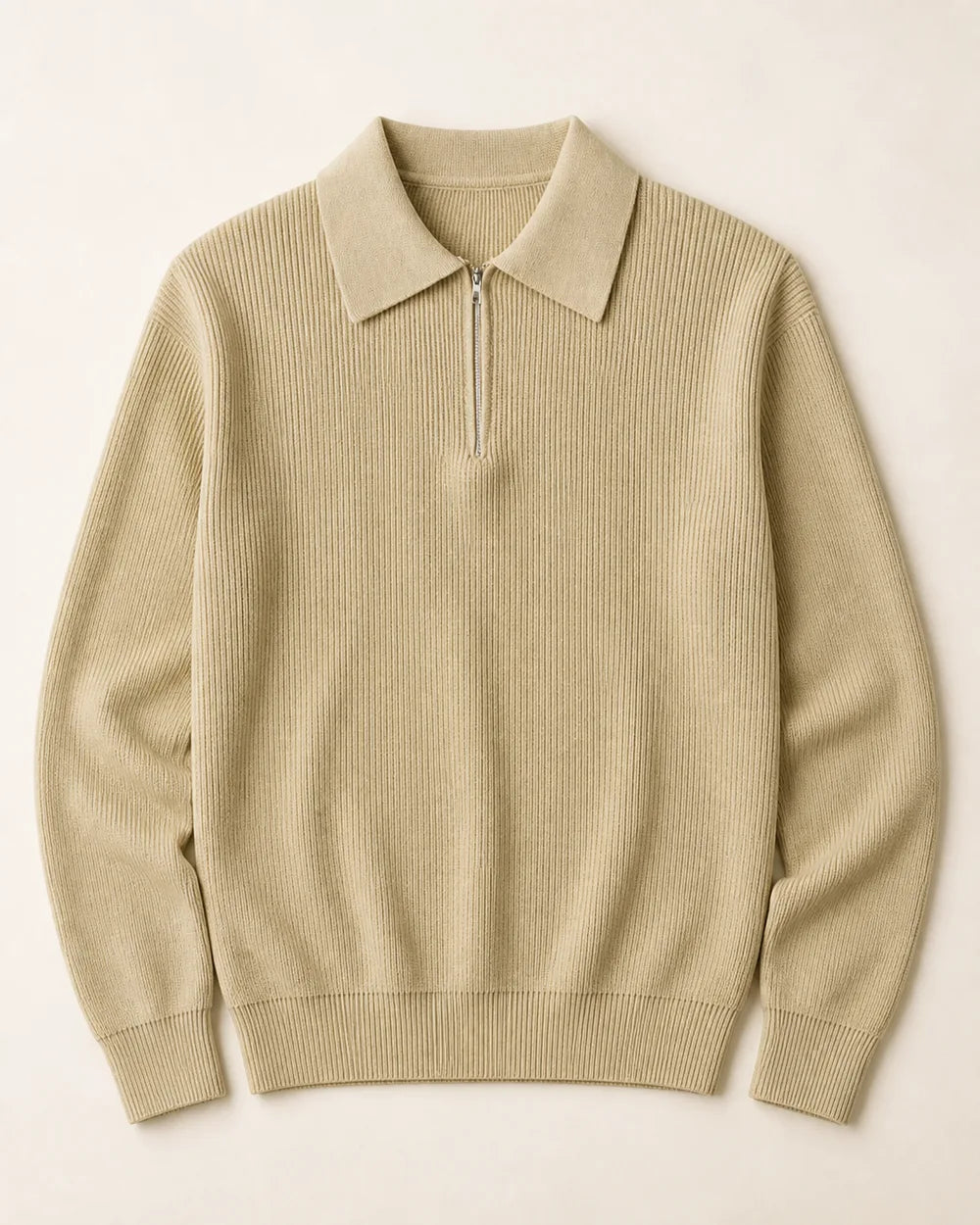 Khaki quarter-zip knit sweater for men, flatlay view.