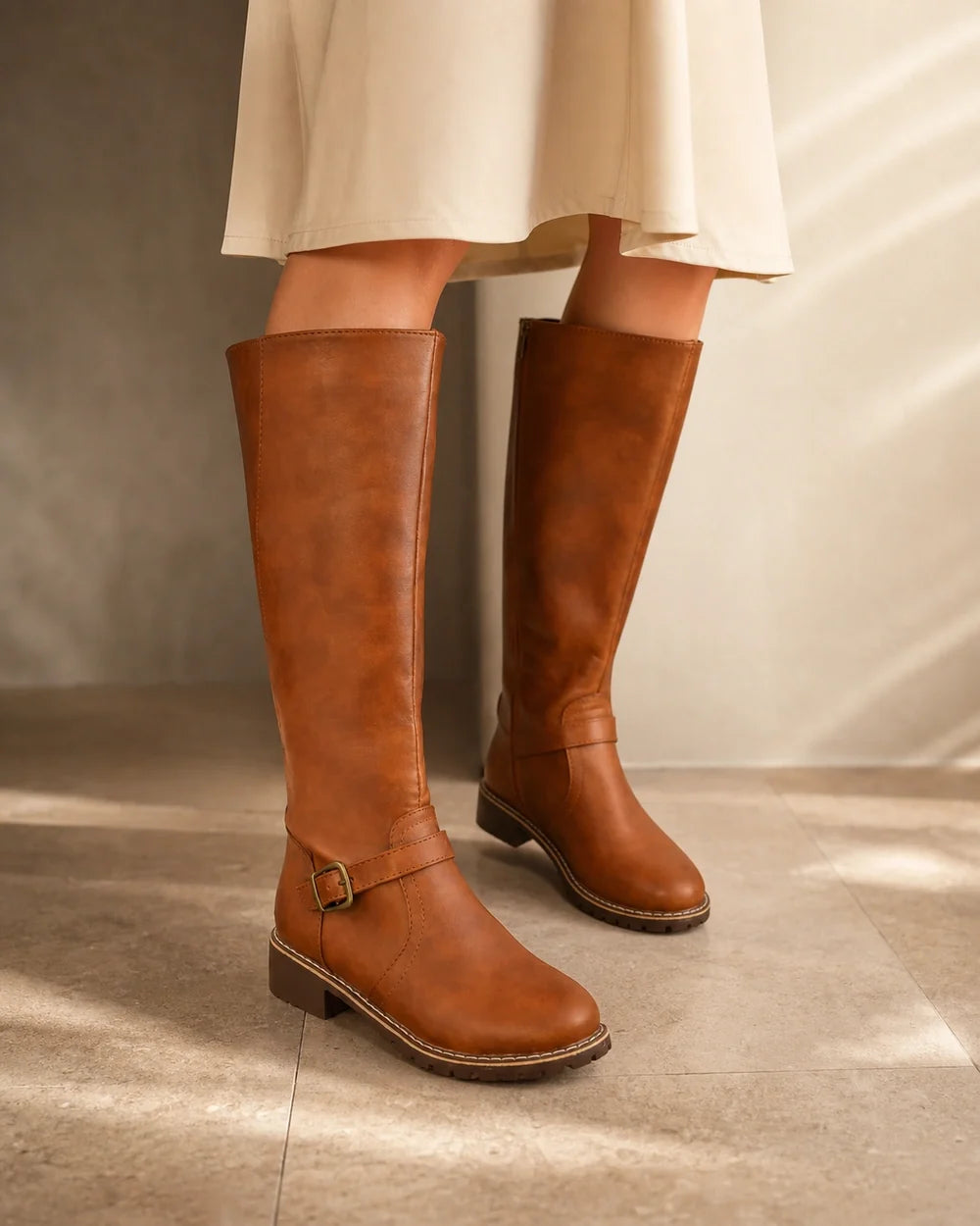 Momount Women Buckle-Strap Knee-High Boots – Brown hero