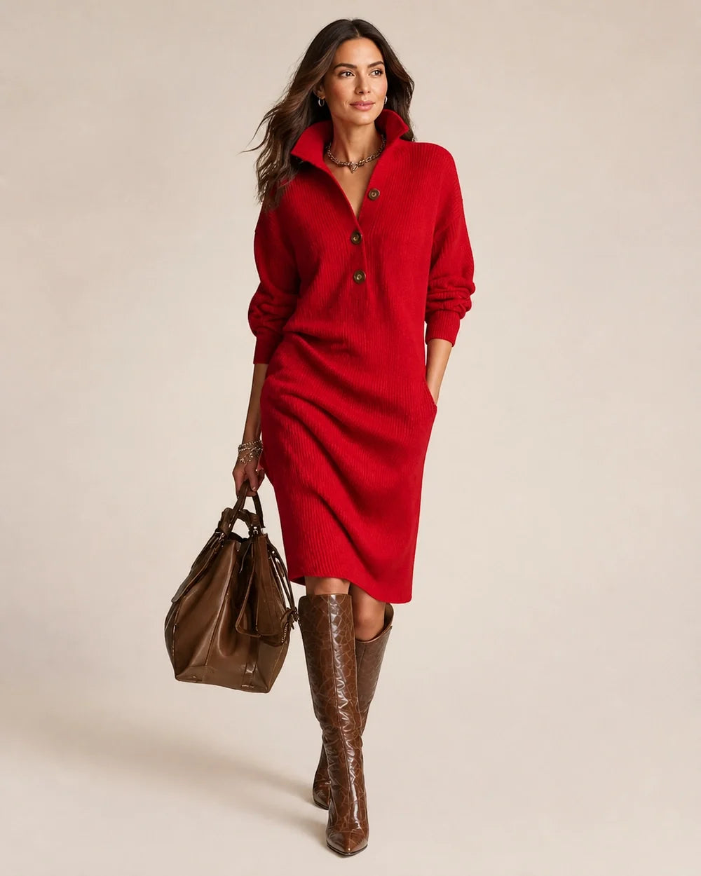 Red collared three-button knit dress worn view