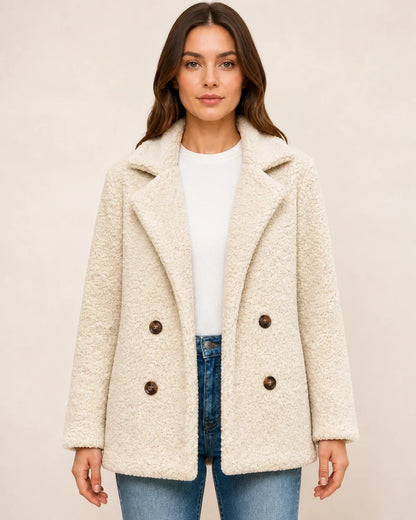 Cream White double-breasted teddy coat, straight front view.