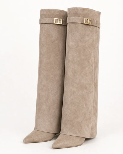 Momount Women Gold-Buckle Knee-High Boots – Pointed Toe, Hidden Wedge, beige, product only.