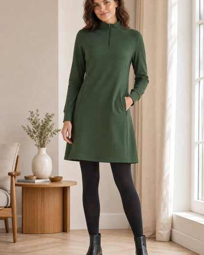 Army Green high-neck half-zip knit dress lifestyle view