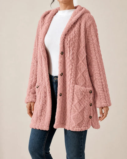 Women's long hooded cable-texture cardigan, pink hero