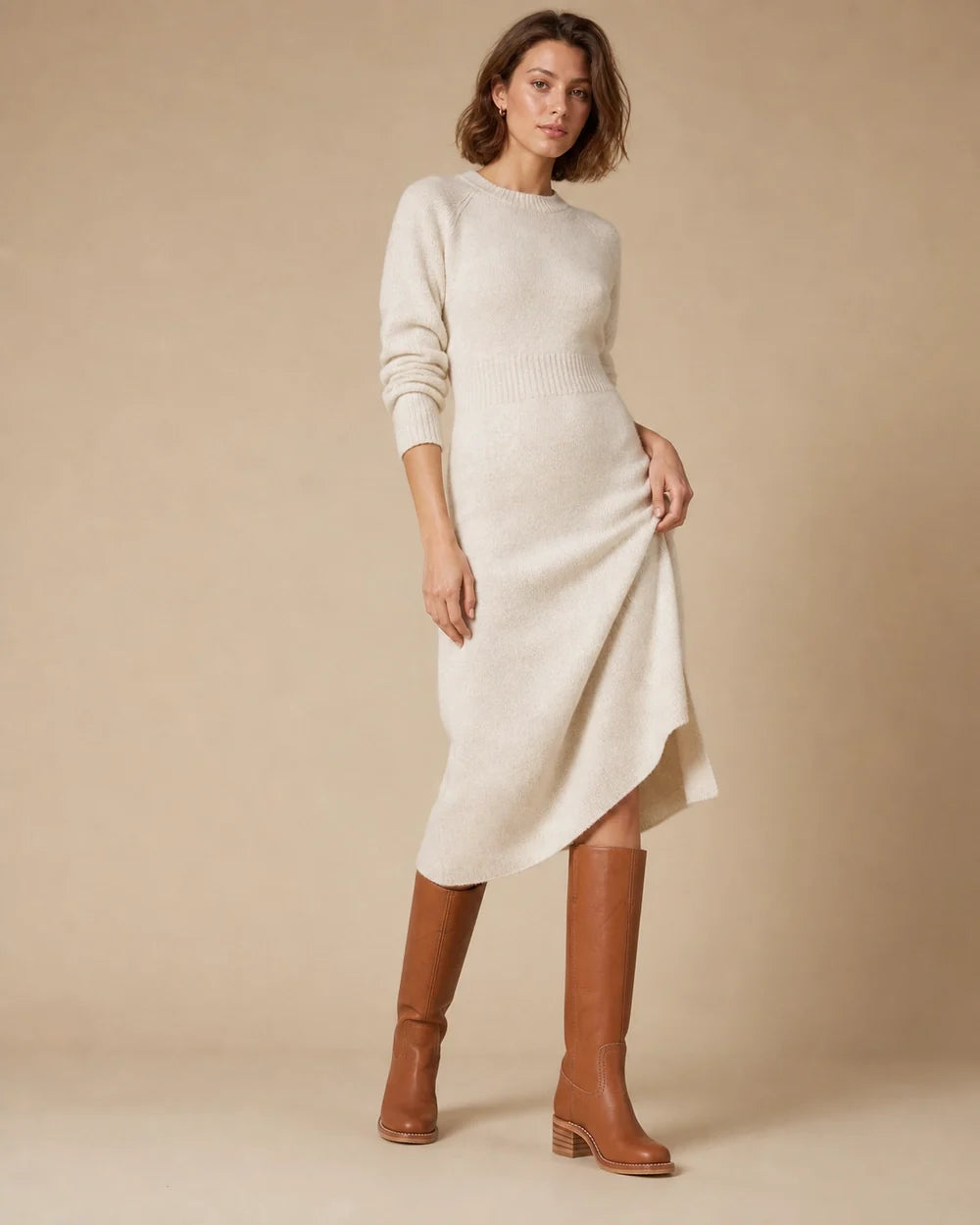 Brown round-toe knee-high boots, full silhouette