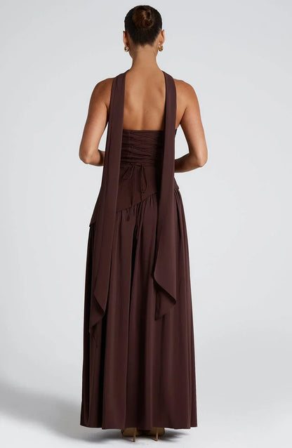 Calista | Elegantna korzet maxi haljina bez naramenica s detaljem šala i prorezom