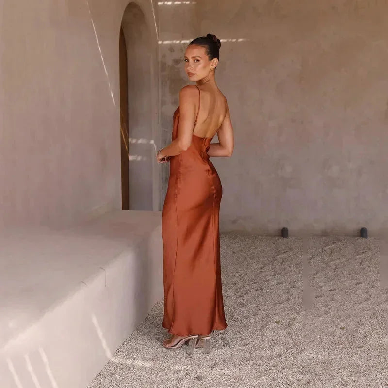 Calliope | Elegant Satin Cowl Neck Slip Bias Cut Evening Maxi Dress
