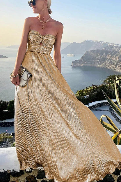 Theodora | Glam Shimmer Pleated Strapless Twist Evening Maxi Dress