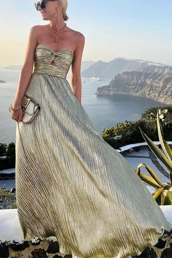 Theodora | Glam Shimmer Pleated Strapless Twist Evening Maxi Dress