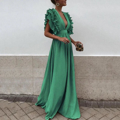 Dorelia | Flowy Chiffon V Neck Ruffle Sleeve Summer Maxi Dress