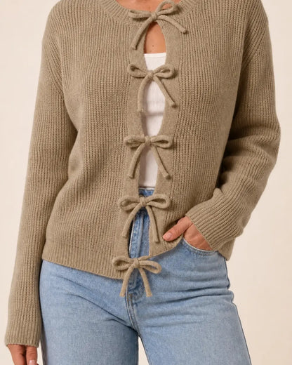 Khaki tie-front cropped cardigan for women, front hero view.