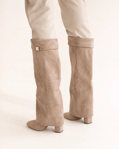 Women's beige wide-shaft suede-effect knee-high boots, rear three-quarter view.