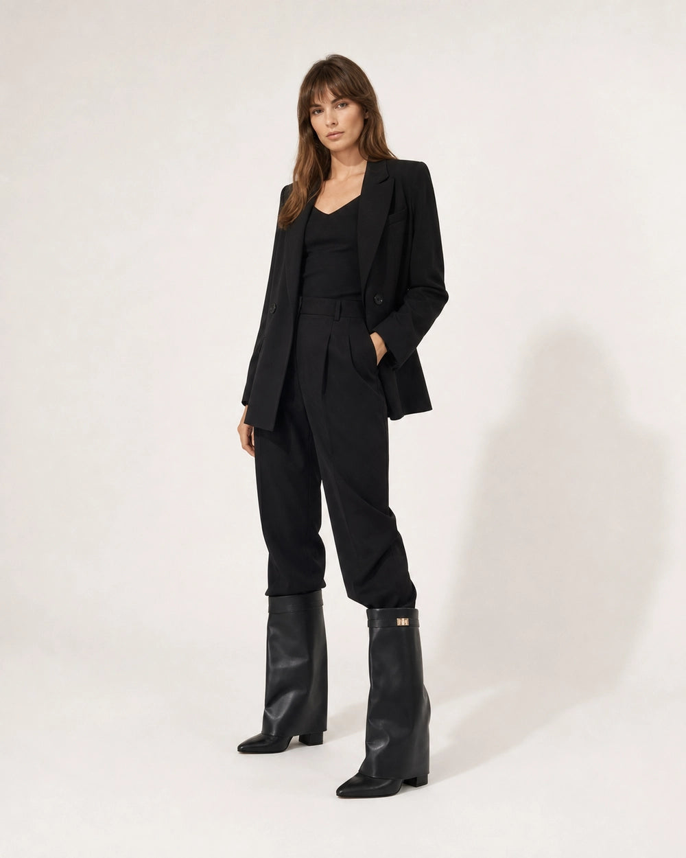 Women's black leather-effect wide-shaft knee-high boots, hero view.