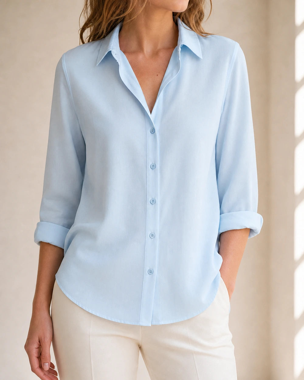 Women's light blue relaxed button-front blouse, front product view.